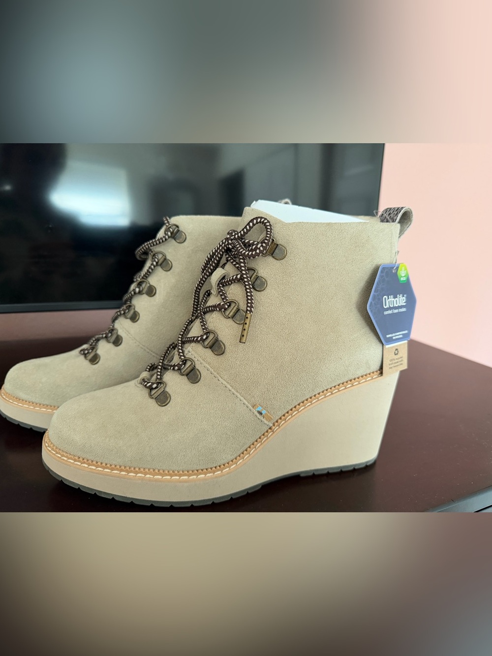 Toms Taupe Suede Wedge Lace-Up Bootie